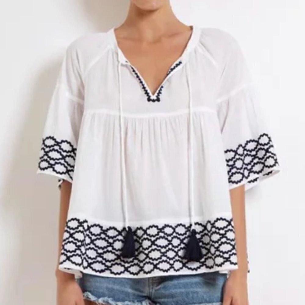 NWT Lola Australia Vacay Ova White Navy Embroidered Peasant Blouse Top Large - Picture 2 of 10